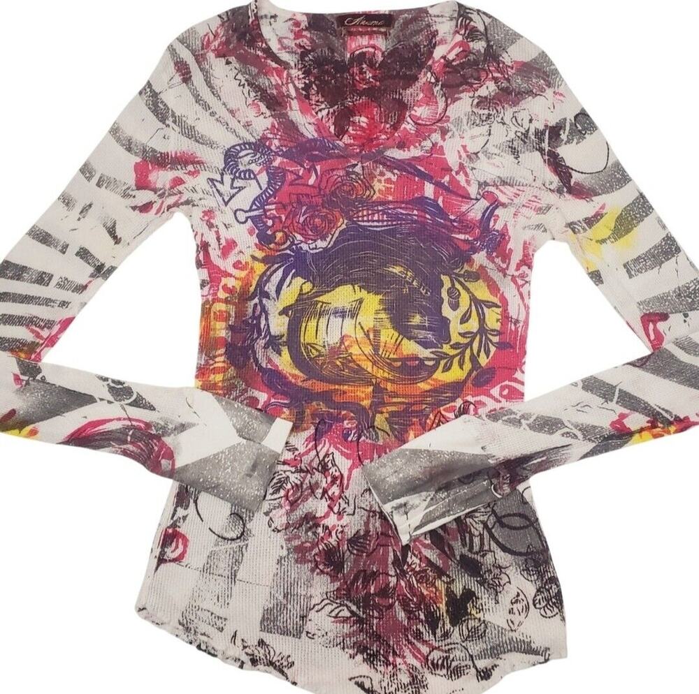 Y2k 90s Anama Top Size M Graffiti All Over Print Tattoo Waffle Thermal Shirt
